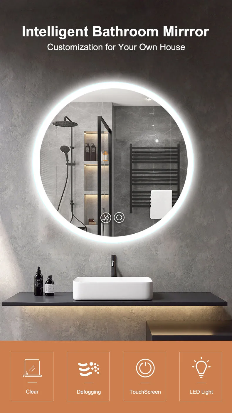 Modern Design Round Smart Magic View Mirror With Led Light And Defogger ...