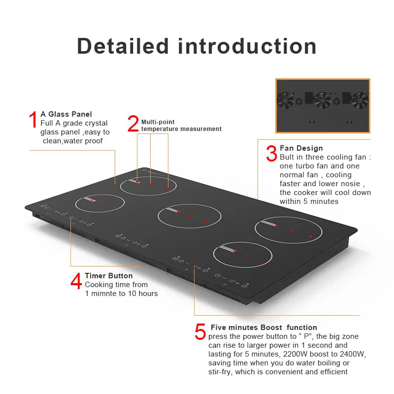 Aiting High Power Modern Design Copper Coil 220-240V 9400W Sensor Touch Control 5 Burners Induction Cooker