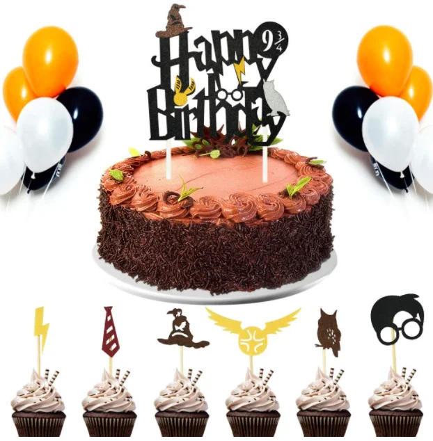 Wizard Party Supplies Cupcake Cake Toppers With Birthday Banner for Harry Themed Wizard Themed Happy Birthday Wizard Party Decor