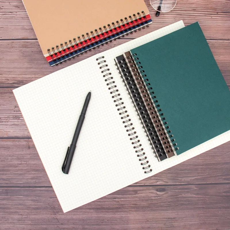 Custom Creative Spiral Weekly Monthly Planner A5 Size Coated Kraft Paper Cover Diary Notebook with Leather Line Grid Paper