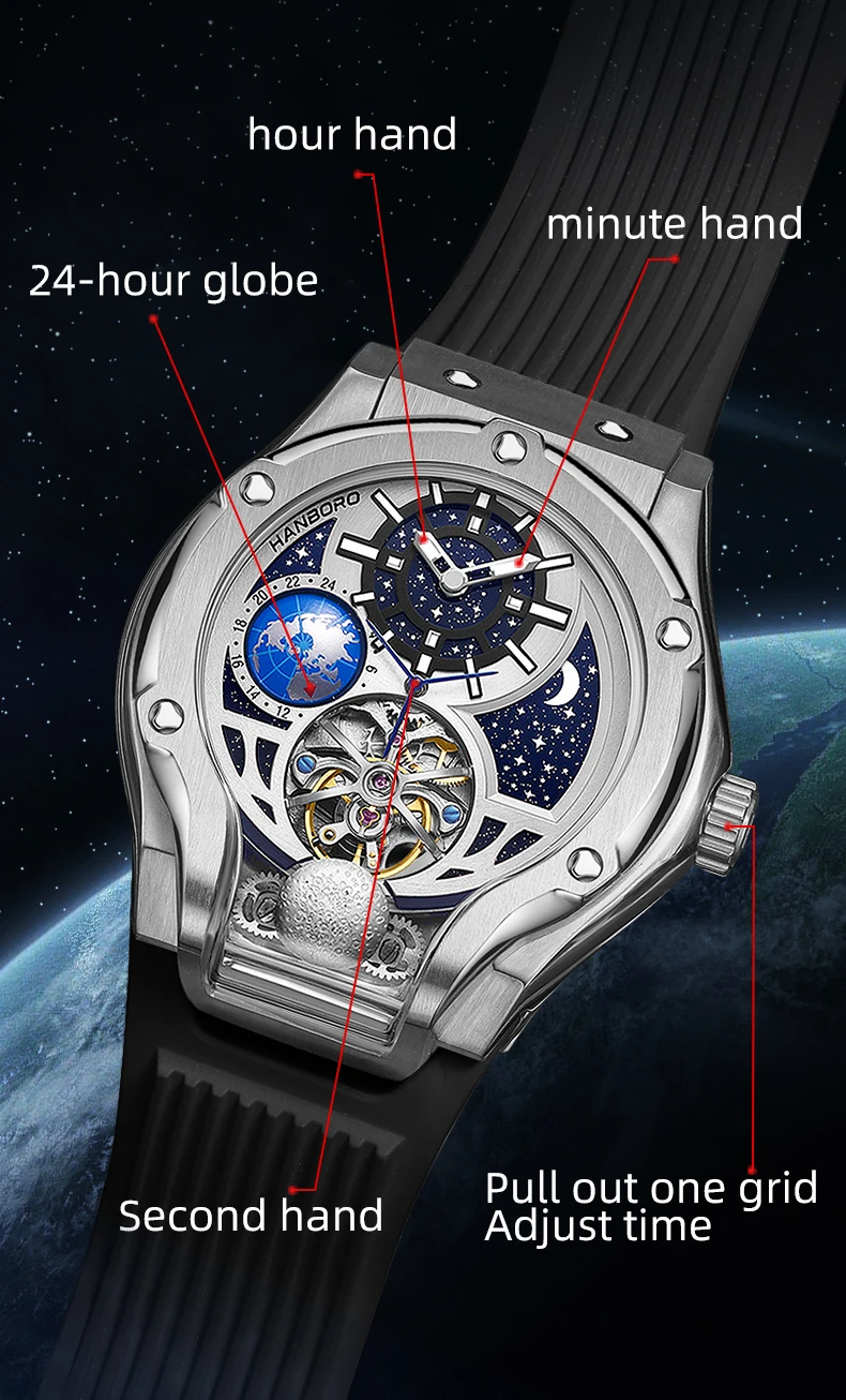 Luxury Men's Mechanical Watch Automatic Hollow Luminous Band Waterproof Business Fashion Starry Sky Dial Window Silicone Pointer