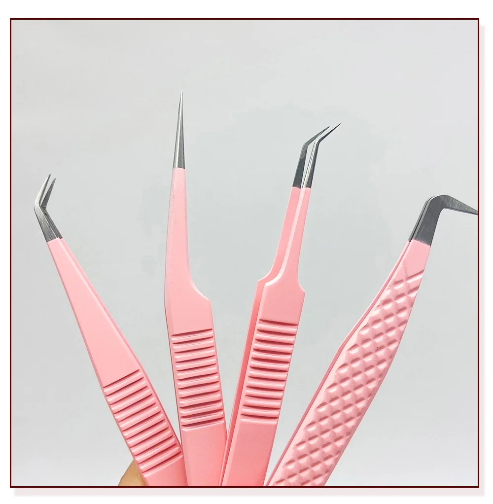 All Shapes Solid Pink Color Eyelash Tweezers For Russian Volume Women