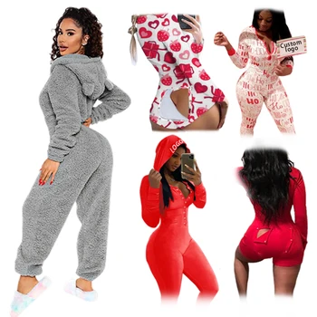 Solid Color Sherpa Cute Romper Lounge Plus Size Pajamas Womens Teddy Onesie Bear Valentine's onesies for adults