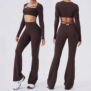 Wholesale Sports Yoga Sets Square Collar Long Sleeved High Waist Pants Running Sports Yoga Clothing Sets