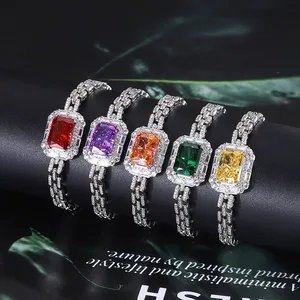 Women's Fashion Stainless Steel Bracelet High Carbon Diamond Ice Cut Square Diamond Colorful Iced Main Stone Zircon Brass