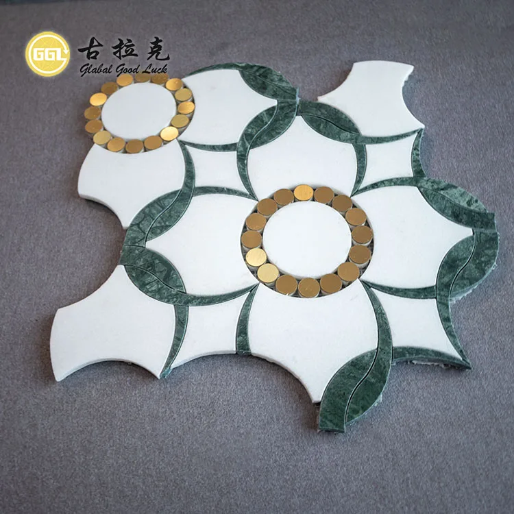 Flower pattern marble mosaic pure white and green marble chips inlaid with gold dots waterjet tile