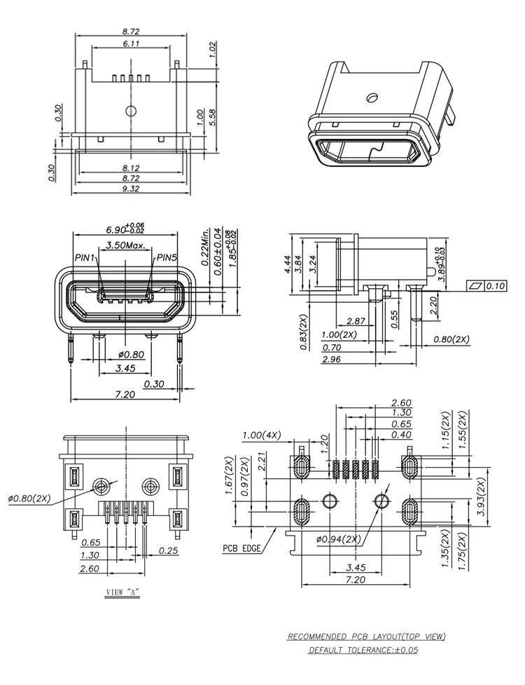 Waterproof USB Connector SMT Type Waterproof Micro USB 5Pin Female Connector