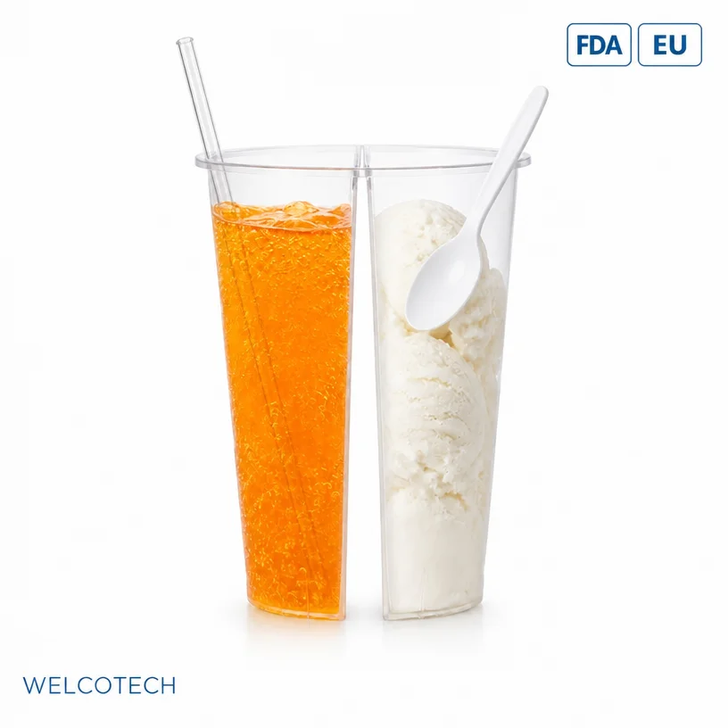 Custom 16oz Disposable PP Plastic Cup with Dividers Clear Compartment Cup for Ice Cream Coffee Cold