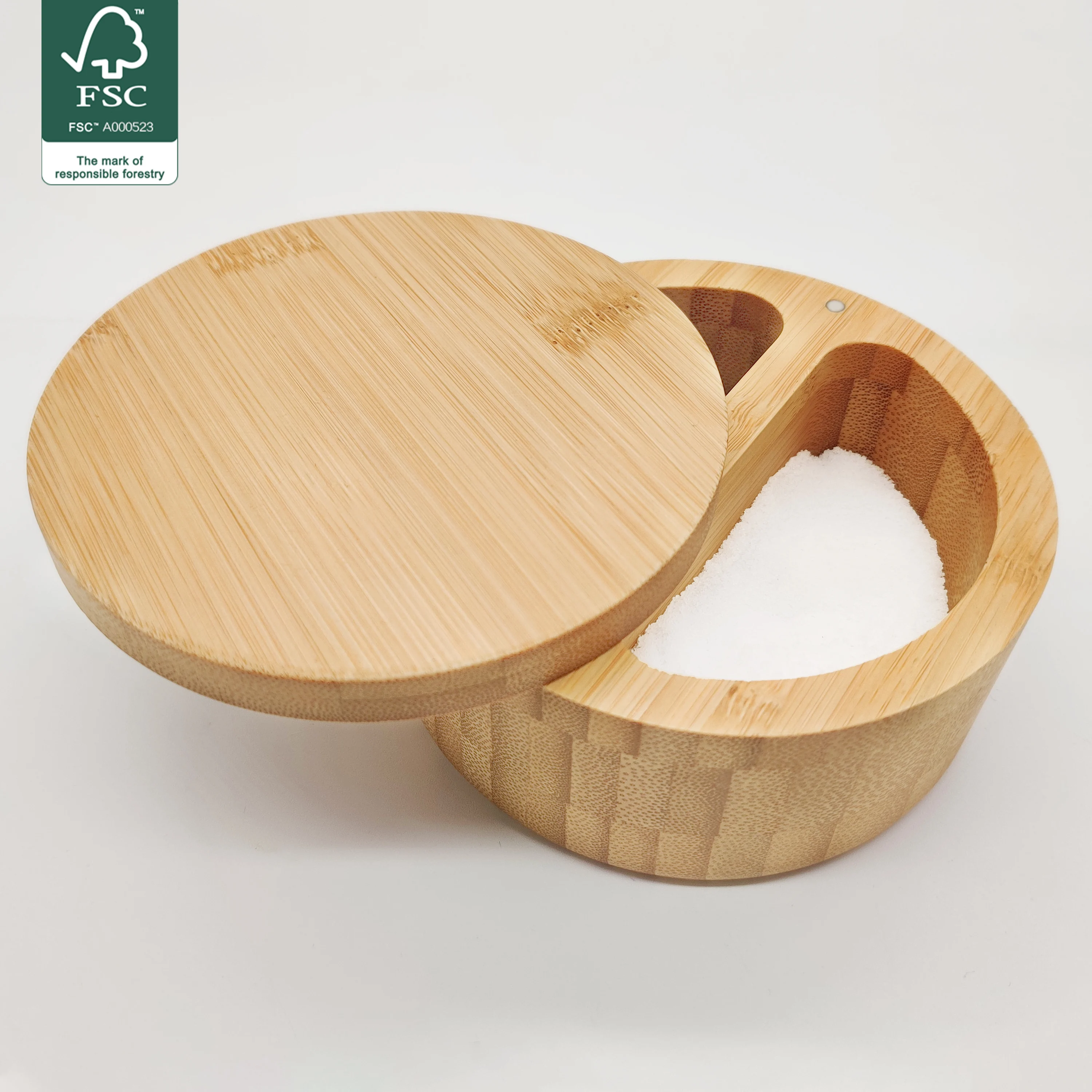 Wholesale Custom Logo Spices Storage Container Wooden Condiment Pot Bamboo Salt Box With Swivel Lid