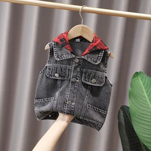 Custom New Spring Autumn Children Boys Casual Korean Style Bike Pattern Denim Cool Hooded Vest Clothes for Kids
