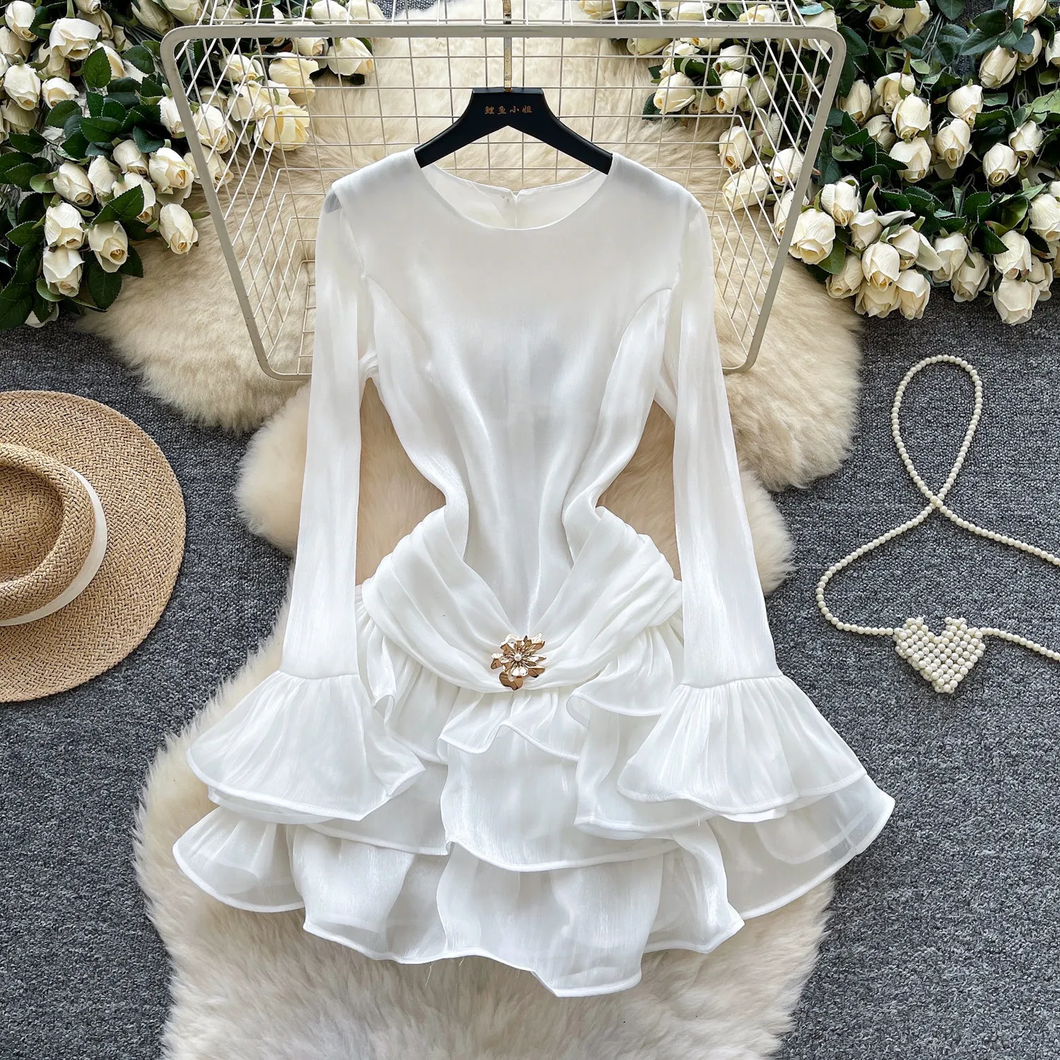 sheer hollow out dress Sheer Luck Evelyn Floral Ribbon Neckline Hollow-out Dress Green / M