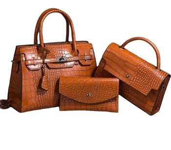 HAOEN Wholesale Designer Luxury Handbag Set 3pcs Crocodile Fashion Embossed Leather Women's Tote Crossbody Pouch For Ladies