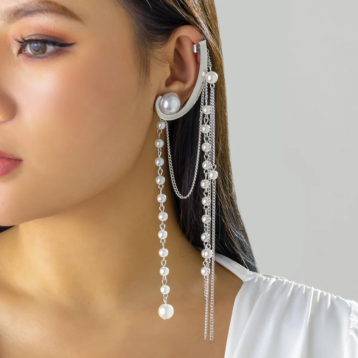 Women Long Tassel Imitation Pearl Ear Cuff Jewelry Ear Hook
