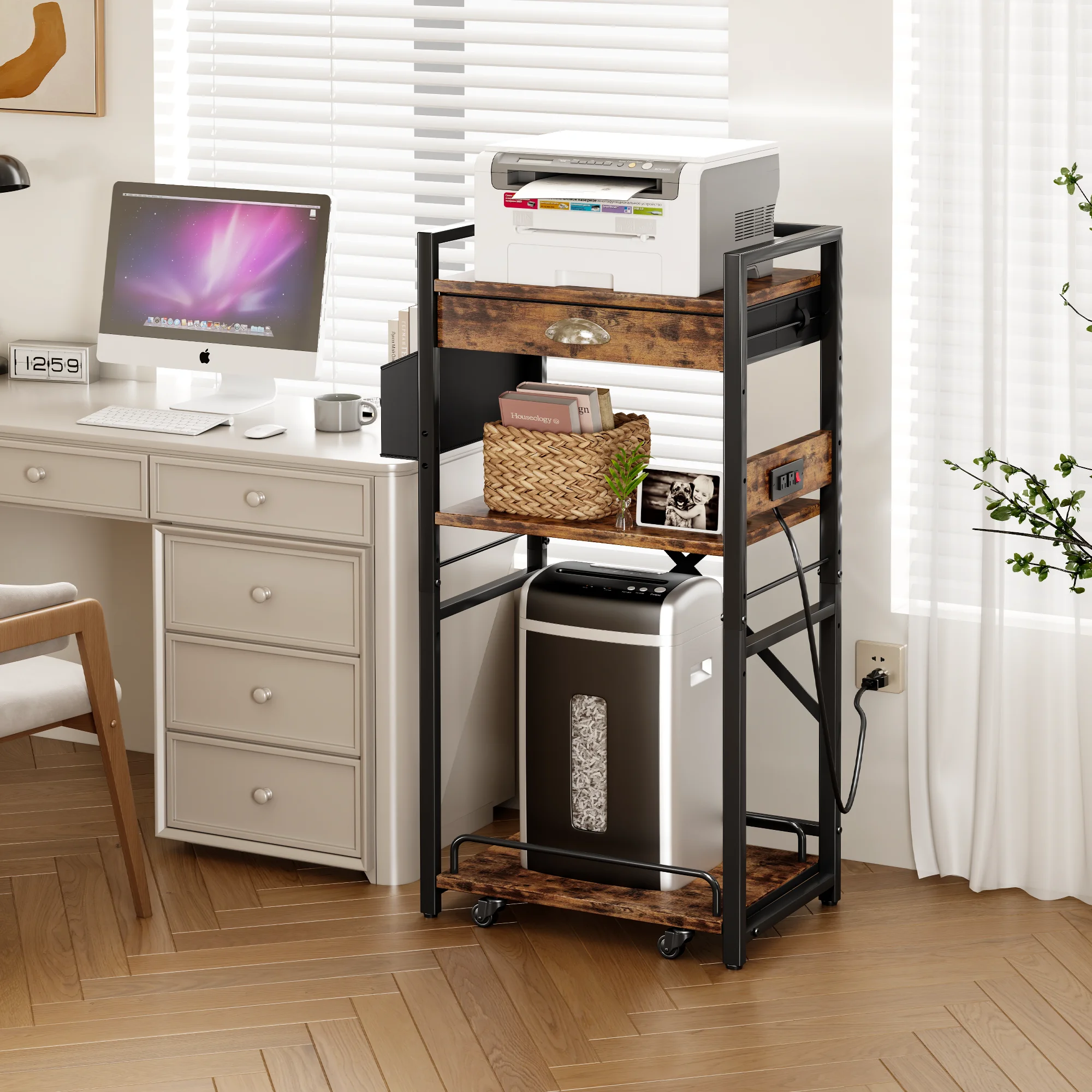 Home Office Fax Machine Scanner Files Adjustable Storage Shelf Rack 3 Tier Movable Printer Stand With Wheels