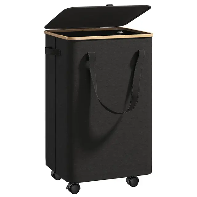 Raybee Rolling Laundry Basket Tall Laundry Hamper with Lid 100L Large Hampers for Laundry with Bamboo Handle