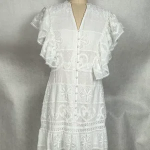Women's White Lace Embroidery Button A-Line Maxi Dress-Ruffled Sleeves V-Neck Floral Pattern High Waist Summer Garden Parties