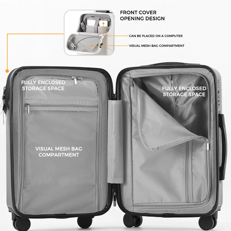2026 New Design Front-opening Pocket Luggage Charging USB Cup Holder ABS+PC Spinner Anti-Theft 20-inch Boarding Travel Suitcase