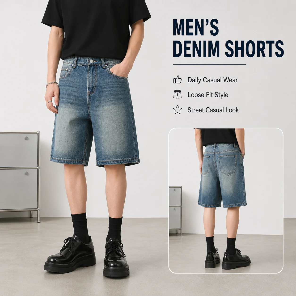 Summer New American Vintage Mid Waist Distressed Blue Denim Shorts Men's Loose Straight Cropped All-Match Fashion