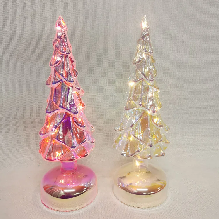 Vintage modern tabletop pre lit led lighted up mini green hand blown glass christmas tree decorative figurine set with lights details