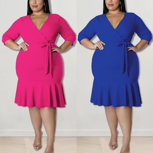 New Style Elegant & Fashionable Women's Clothing Solid-Color Half Sleeve V-Neck Plus Size Dress