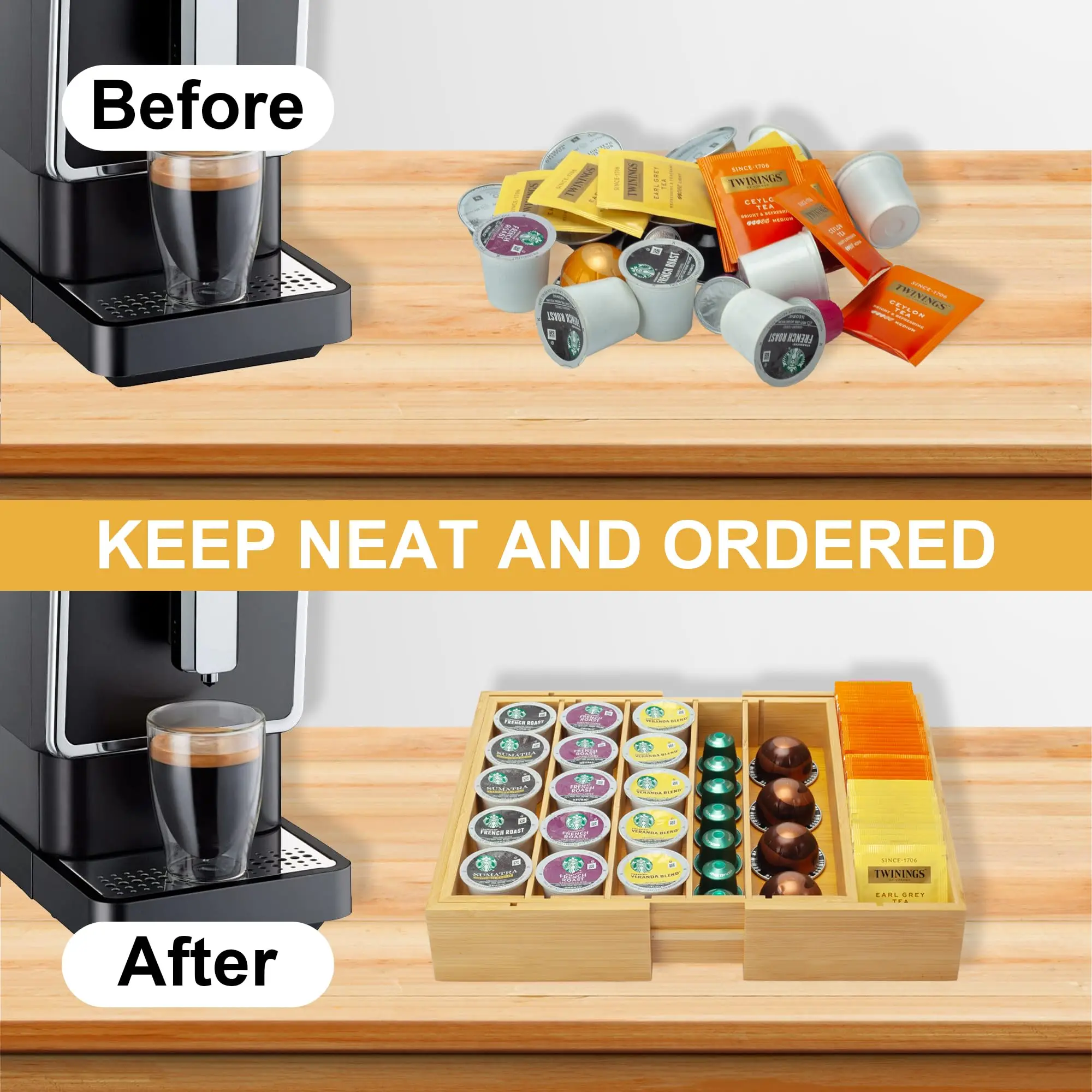 product modern bamboo k cup holder drawer organizer expandable countertop coffee bag storage stand for office or kitchen use-10