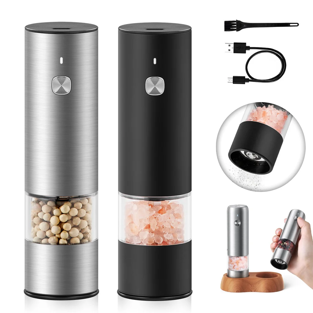 Populārs jaunais USB uzlādējamais regulējamais elektriskais mazais rokas sāls un piparu, kā arī sauso garšvielu malšanas aparāts/komplekts no nerūsējošā tērauda