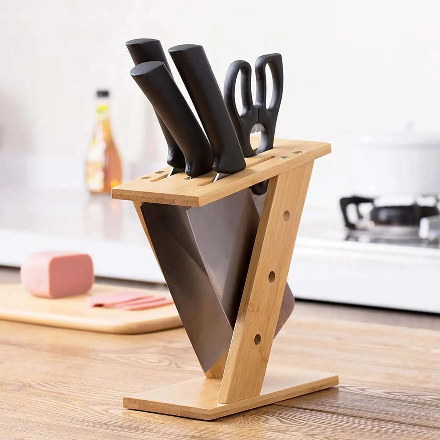 Wholesale Bamboo Storage Rack Universal Placement Wood Kitchen Knife Block Without Knives