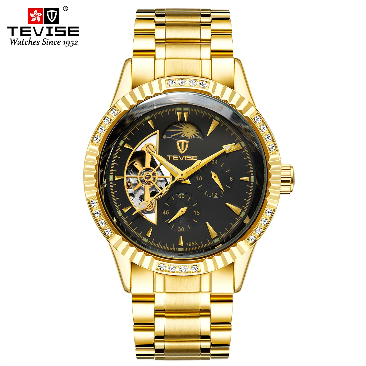 TEVISE 629F Moon Phase Automatic Mechanical Watch Multiple Time Zone 3 ATM Waterproof High Quality Watches for Men