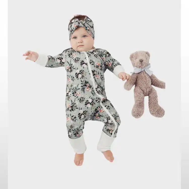 Long Sleeve Print Bamboo Baby Romper Organic Cotton Zipper 95 Bamboo