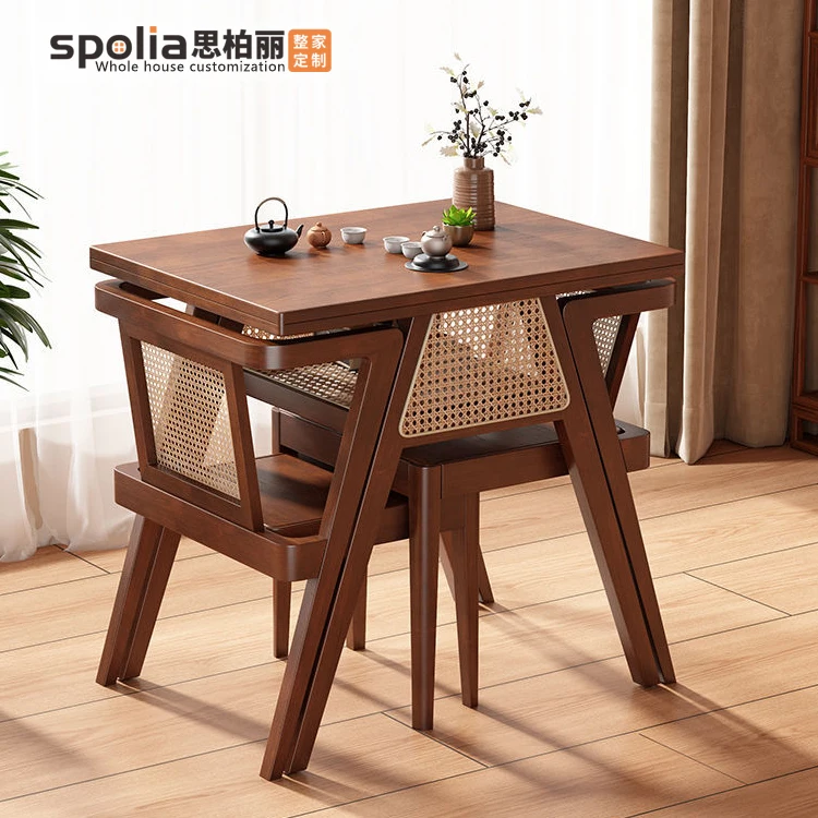 Solid Wood Balcony Dining Table with Rattan Chairs Small Coffee Tea Set for Leisure Courtyard Negotiation Stackable Storage