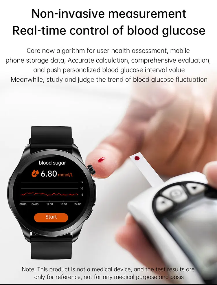 Smart watch diabetic non -invasive blood pressure glucose test ECG meter monitor measuring smart watches diabetes