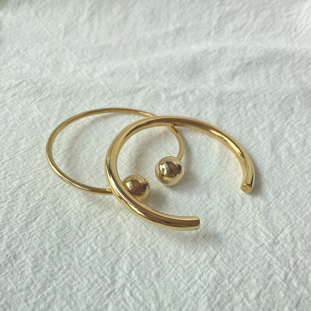 2 Designs Solid Double Ball Open Bangles Thick Circle Plain Bangles for Women 18K Gold Plated Stainless Steel Jewelry Adjustable