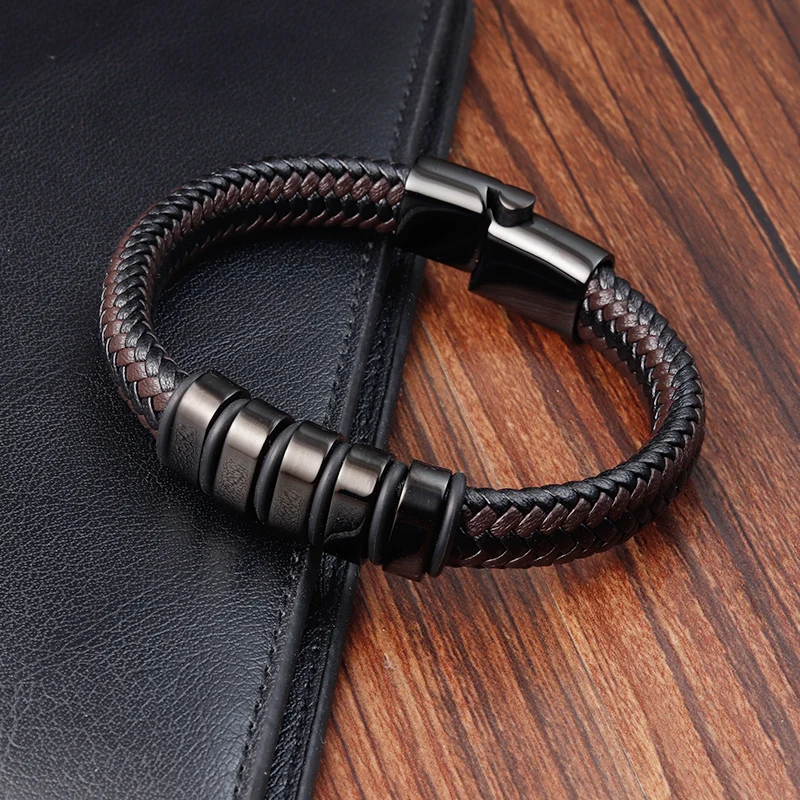 Black Plated Wide Woven Braided Leather Bracelet Custom Name Engraved ...