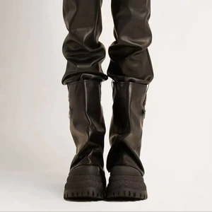 For Busy Girl QD06 Women's Brown Suede Mid-Calf Ankle Boots with Wrinkled Texture Rubber Lug Sole and Side Metal Buckle