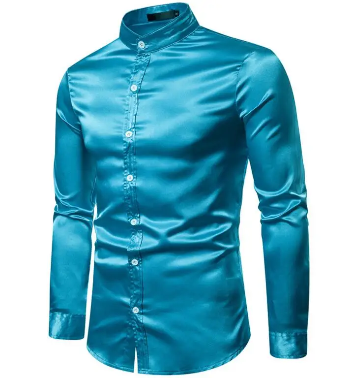 Men's Black Satin Dress Shirts Silk Designer Shirt Slim Fit Wedding