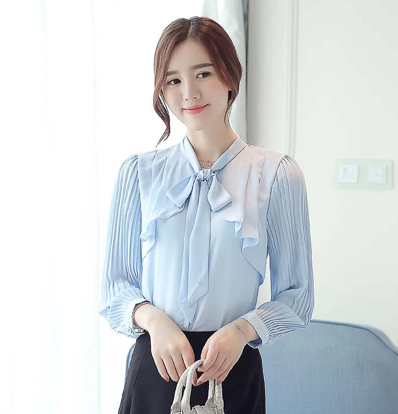 Latest Design Fashion Elegant Korean Bowknot Office Chiffon Shirt Solid ...