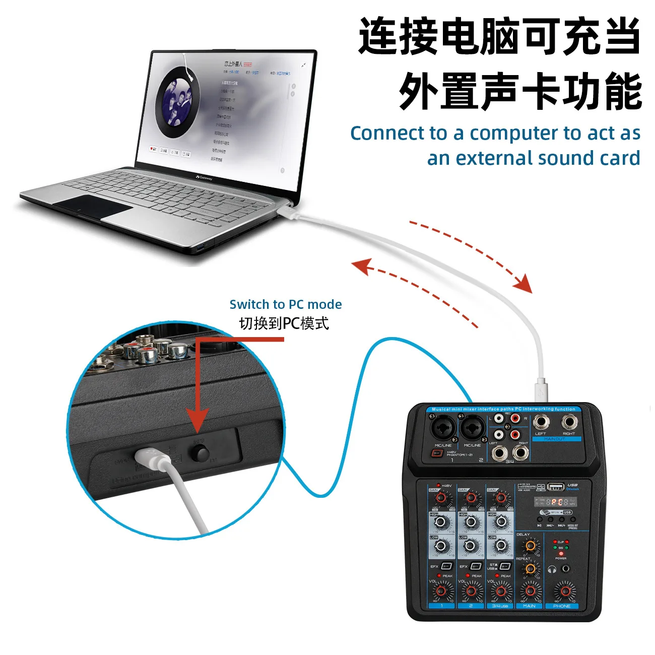 U4 BT Sound Mixing Console Record 48V Phantom Power Monitor AUX Paths Plus Effects 4 Channels Audio Mixer with USB