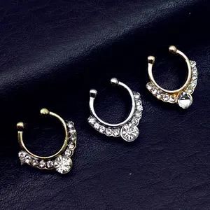 Full Diamond Nose Ring Jewelry Gold Silver Flower Edge Nose Septum Ring Fake Face Nose Piercing Septum Cuff Sterling Silver