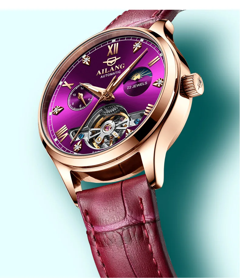 Montres mécaniques automatiques pour femmes, montres-bracelets diamantés pour dames, montre en cuir Rose, étanche 30m, horloge lumineuse