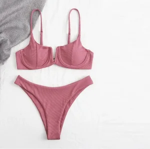Sexy Ribbed Underwire Bikini 2 Layers Fabric Women Custom Logo Pink Adults Bikini Set Solid Bra Bikini