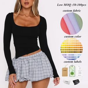 Factory Hot Sale Long Sleeve High Stretch Slim Fit Women Plain Cotton t Shirt Custom square Neck Ladies Split Side Crop t Shirt