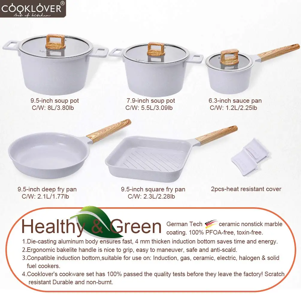 Cooklover Marble Induction Cooking Pot Ceramic Non Stick Cookware Set With Glass Lid