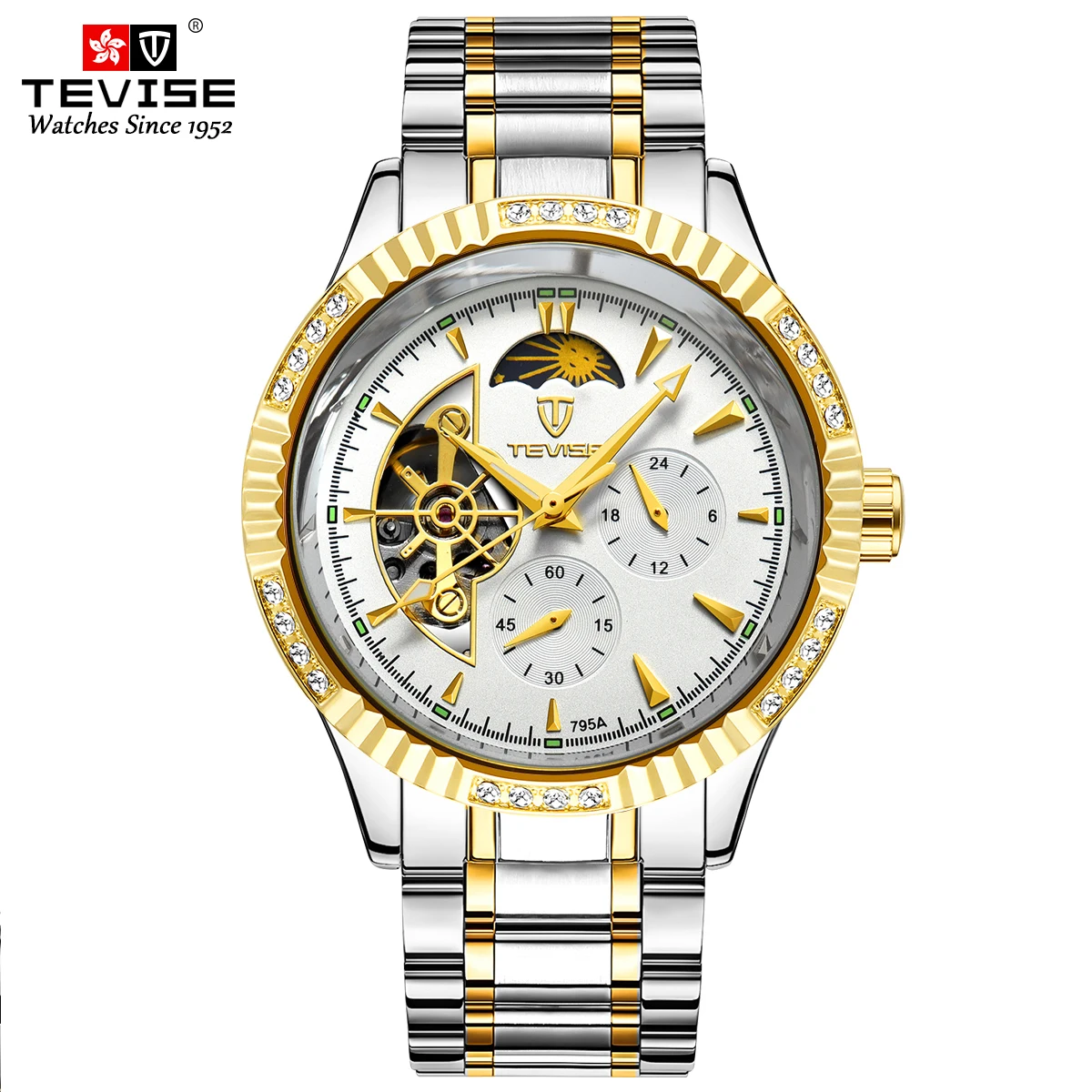 TEVISE 629F Moon Phase Automatic Mechanical Watch Multiple Time Zone 3 ATM Waterproof High Quality Watches for Men