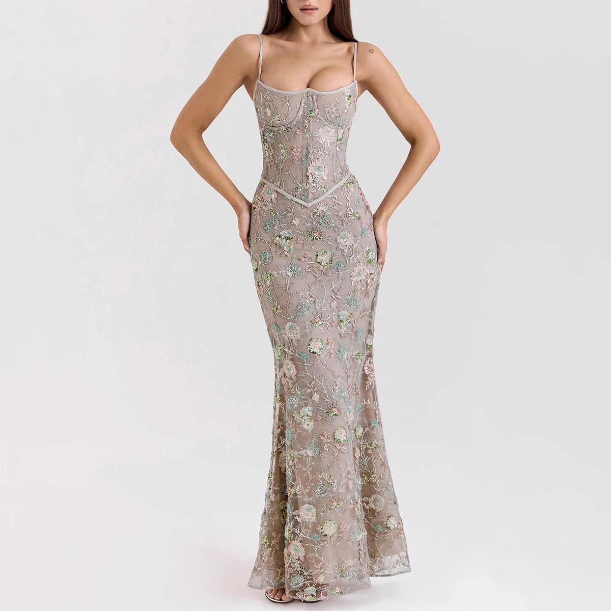 silver embellished beaded corset maxi dress Silver Beaded Dress with Rhinestone Corset XL main image 0