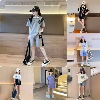New summer children's casual sportswear set letter printed O-neck clothes set girls' shirts, trousers and shorts 2-piece set.
