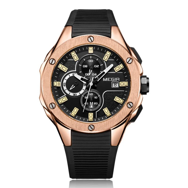 Dropshipping Megir 2053 Top Brand Luxury Rose Gold Watch Fashion Men  Silicone Sport Watch Waterproof