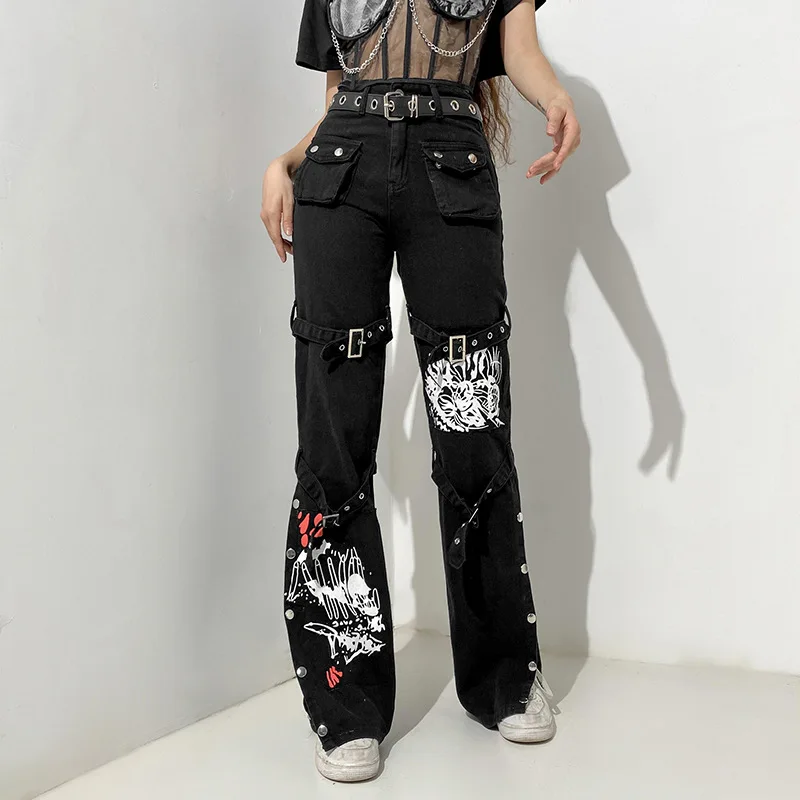 Shop Our Eyelet Buckle Cyber Punk Goth Baggy Jeans Y2K