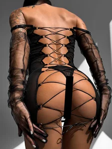 2026 Cross-Border European & American Style Lace-Up Mesh Back Bodycon Sheer Dress Strapless Lingerie