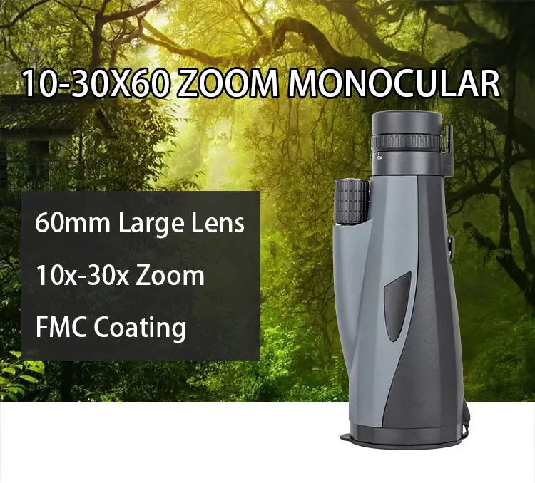10-30x60 Zoom Monocular Telescope with large objective lens HD FMC BAK4 with Smartphone Adapter and tripod