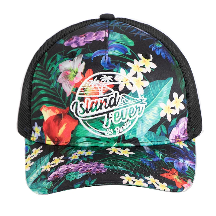 Flat embroidery mesh 5 panel baseball floral printing trucker cap